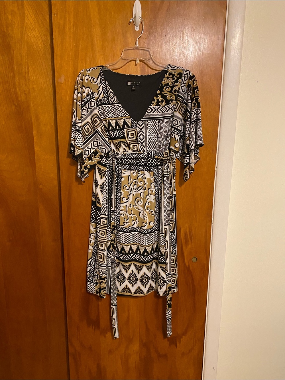 Carole Little Black, White & Gold Geometric V-Neck Tunic Style Classic Dress